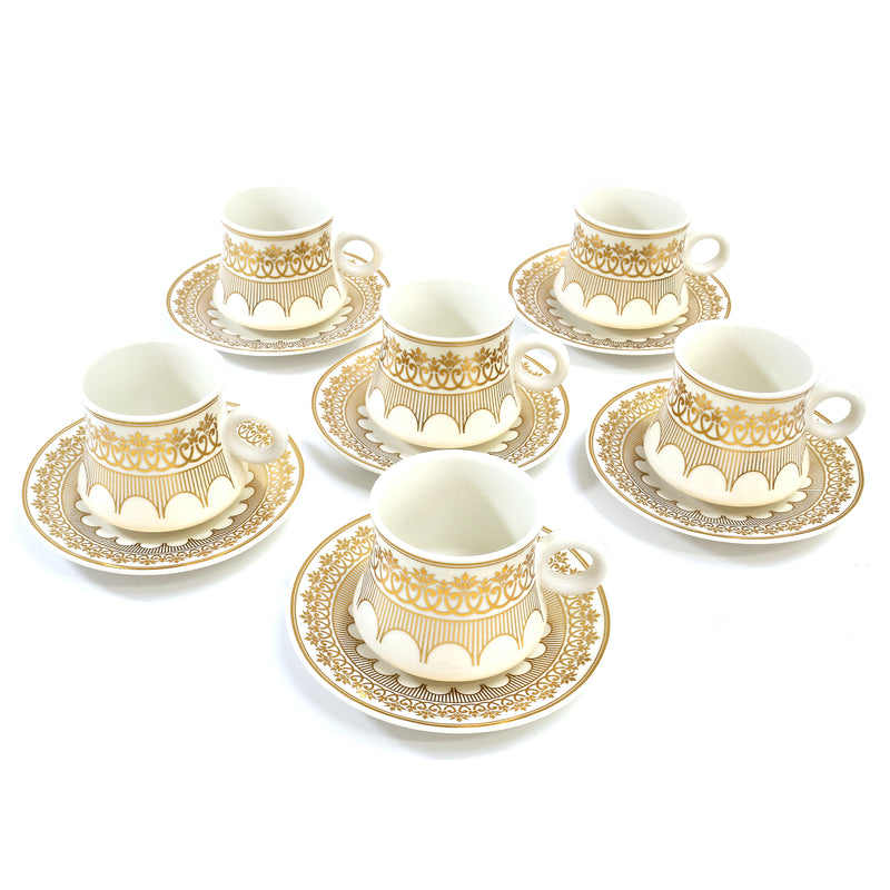 Set of 6 Ceramic Cups & Saucers - White & Gold Lined Floral Pattern (C23-7)