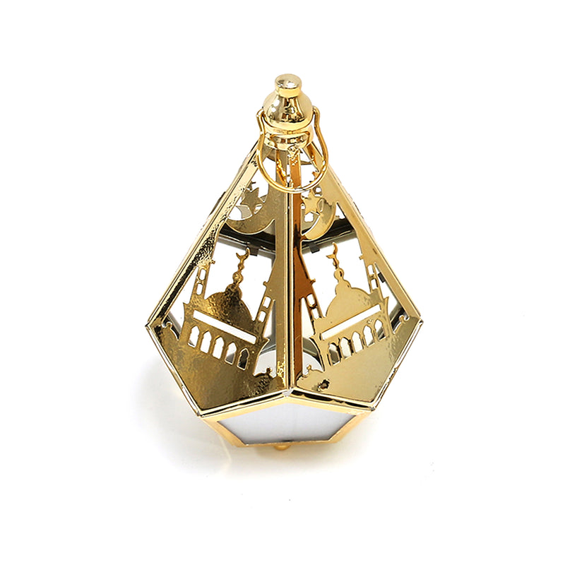 Medium Gold Metal Moon, Mosque & Star Decorative LED Tea Light Candle Dodecahedron Lantern