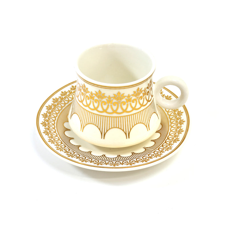 Set of 6 Ceramic Cups & Saucers - White & Gold Lined Floral Pattern (C23-7)