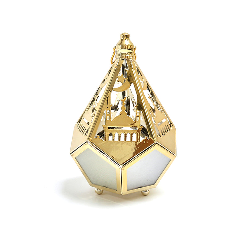 Medium Gold Metal Moon, Mosque & Star Decorative LED Tea Light Candle Dodecahedron Lantern