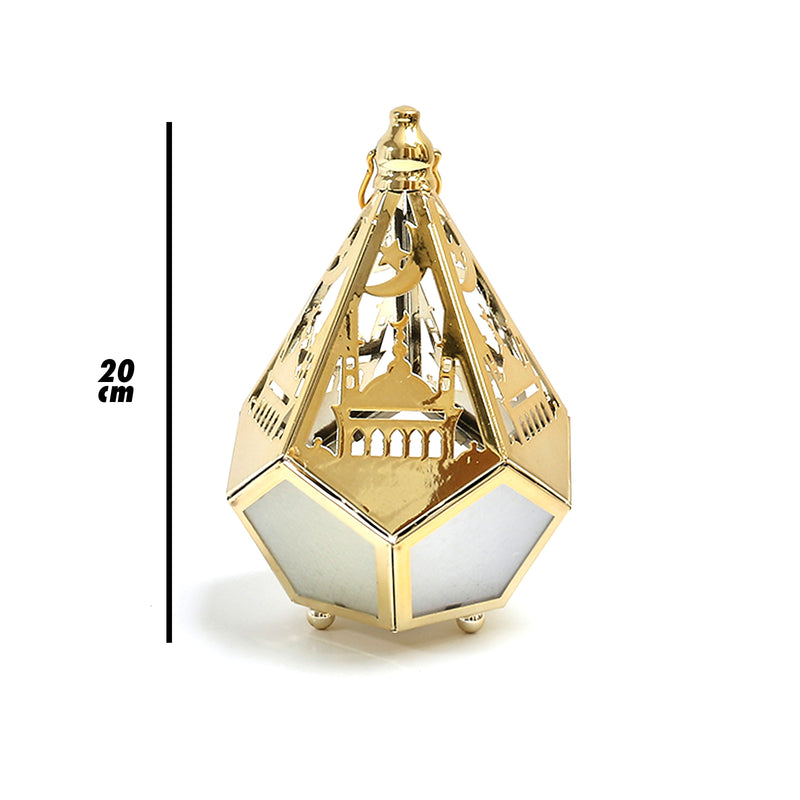 Medium Gold Metal Moon, Mosque & Star Decorative LED Tea Light Candle Dodecahedron Lantern