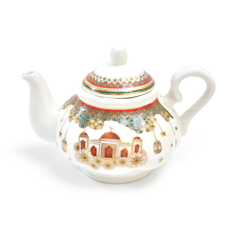 White, Red, Green & Gold Ceramic Teapot With Mosque Detailing