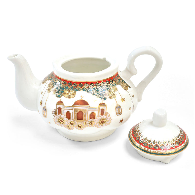 White, Red, Green & Gold Ceramic Teapot With Mosque Detailing