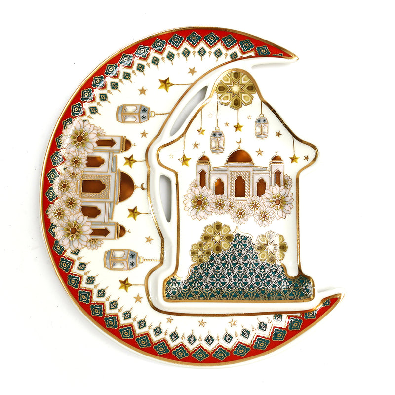White, Red, Green & Gold Ceramic Teapot & Plate Set With Mosque Detailing