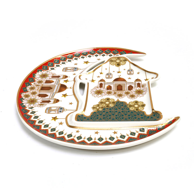 White, Red, Green & Gold Ceramic Teapot & Plate Set With Mosque Detailing