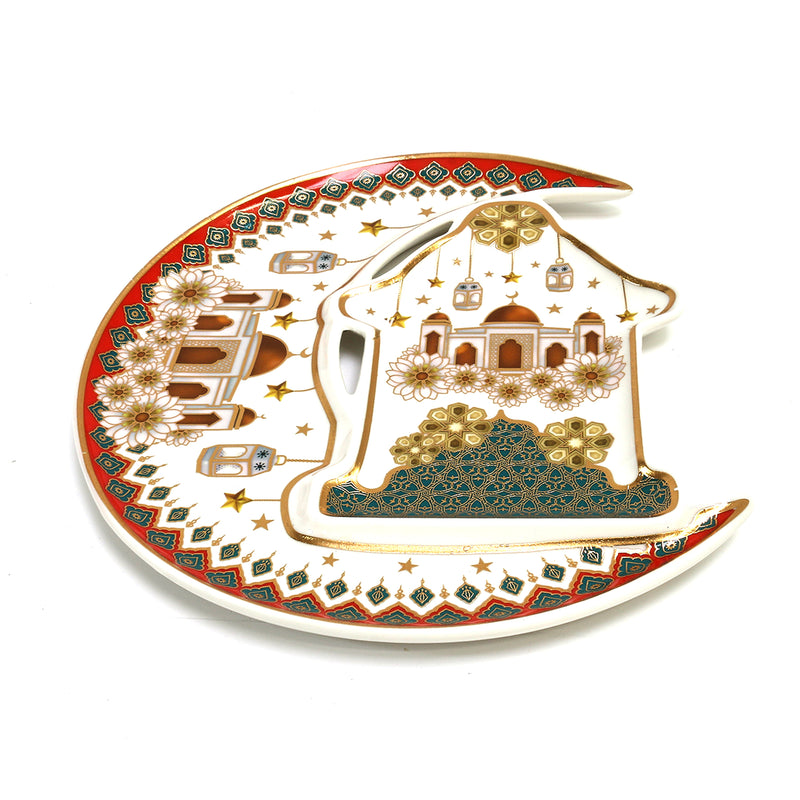White, Red, Green & Gold Ceramic Teapot & Plate Set With Mosque Detailing
