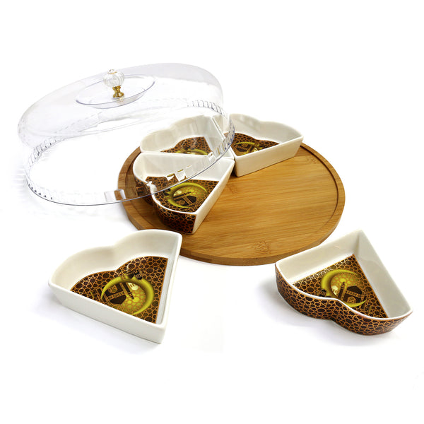 Wooden & Ceramic Ramadan Iftar Tableware Set - 6 Ceramic Dish with Wooden Display Tray - Black / Gold Moon